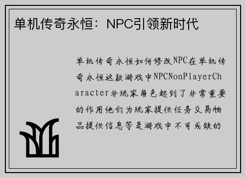 单机传奇永恒：NPC引领新时代